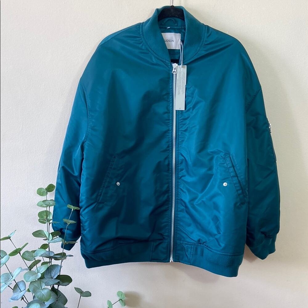 New Teal Green Blue Hudson Jeans Bomber Jacket Medium Fall Casual Oversized - Picture 2 of 10